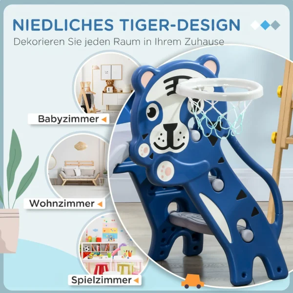 3 In 1 Kinderrutsche Mit Klettergerüst Basketballkorb Kleinkindrutsche, Cartoon Design ür Kleinkinder 18 36 Monaten Blau