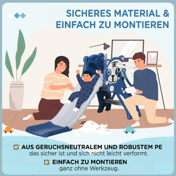 3 In 1 Kinderrutsche Mit Klettergerüst Basketballkorb Kleinkindrutsche, Cartoon Design ür Kleinkinder 18 36 Monaten Blau