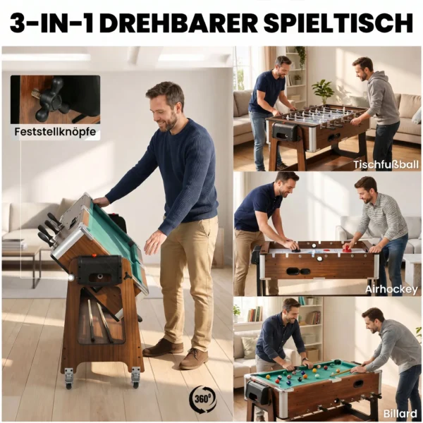 3 in 1 Multi Spieltisch Drehbar Multifunktionstisch Mit Billardtisch Tischfußball Airhockey Ablagefach