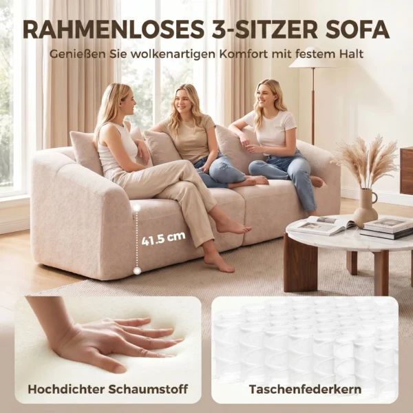 3 Sitzer Sofa, Chenille Cloud Couch Ohne Rahmen, Dicke Federkernpolsterung, Extra Breite Sitzfläche, 3 Kissen, Beige