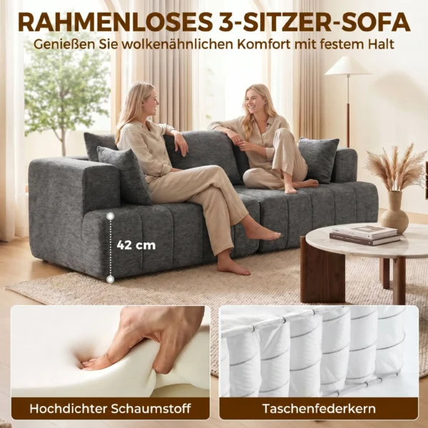 3 Sitzer Sofa, Cloud Sofa Aus Chenille Mit Dicker Federkernpolsterung, Breiter Und Tiefer Sitzfläche, Breiten Armlehnen, Kissen, Grau