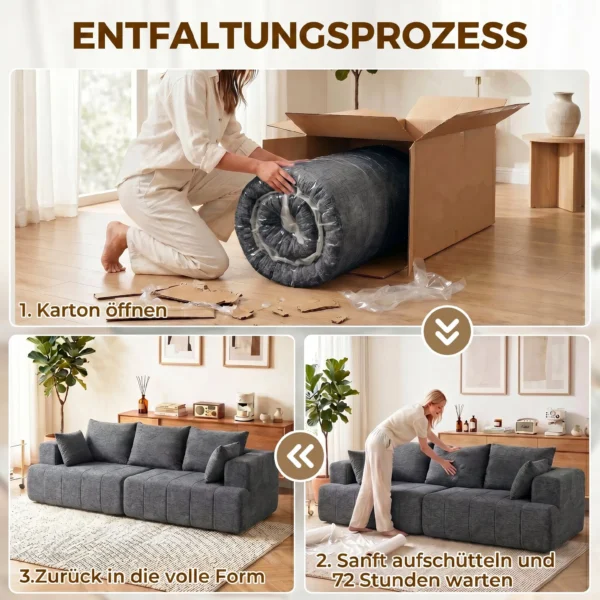3 Sitzer Sofa, Cloud Sofa Aus Chenille Mit Dicker Federkernpolsterung, Breiter Und Tiefer Sitzfläche, Breiten Armlehnen, Kissen, Grau