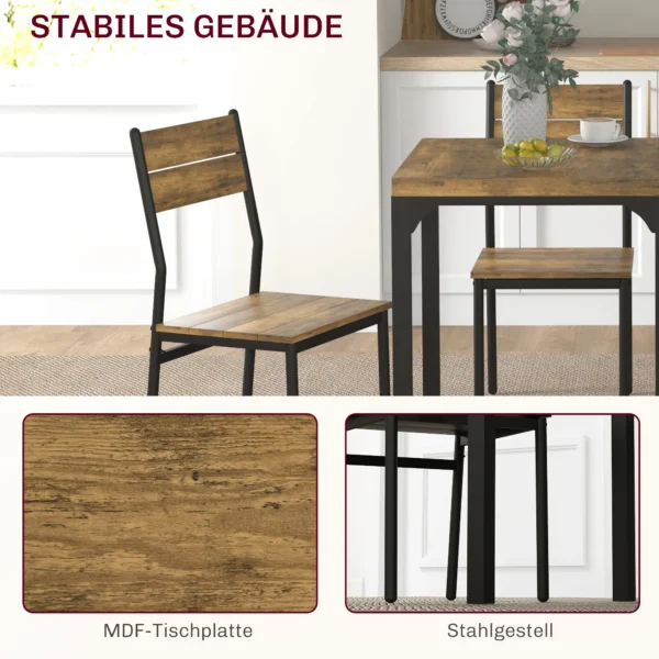3 teilige Essgruppe, Esstisch Set, 1 Tisch, 2 Stühle, MDF+Metall, Braun
