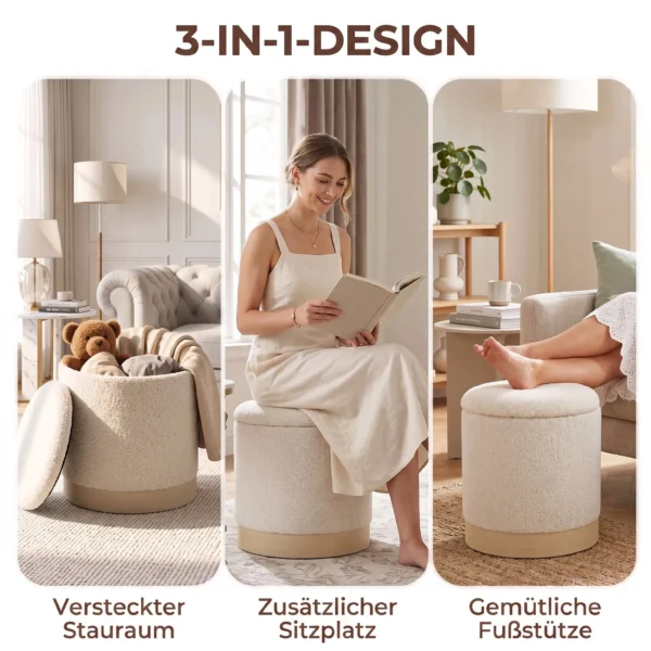 38 Cm Rundhocker Mit Sherpa Bezug, Aufbewahrung Und Holzoptik Metallfuß, Cremeweiß