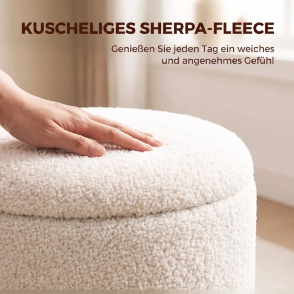 38 Cm Rundhocker Mit Sherpa Bezug, Aufbewahrung Und Holzoptik Metallfuß, Cremeweiß