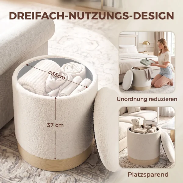 38 Cm Rundhocker Mit Sherpa Bezug, Aufbewahrung Und Holzoptik Metallfuß, Cremeweiß