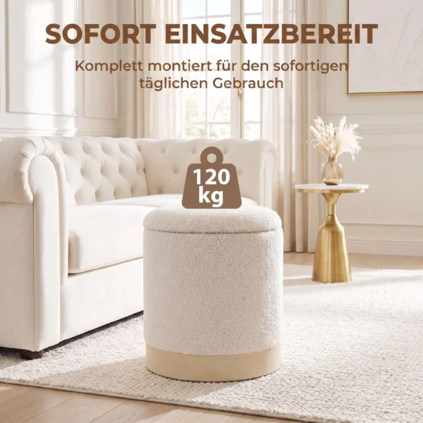 38 Cm Rundhocker Mit Sherpa Bezug, Aufbewahrung Und Holzoptik Metallfuß, Cremeweiß