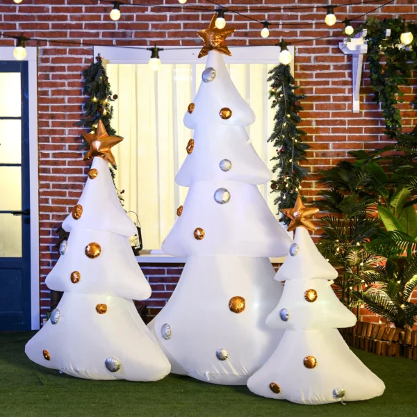 3er Set Aufblasbare Weihnachtsbäume, Inkl. Gebläse, In Und Outdoor, Inkl. Befestigungsmaterial, Weiß+Gold