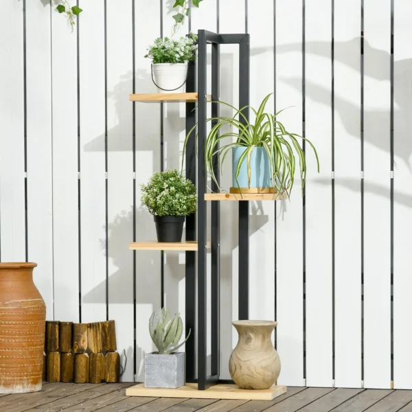 4 Etagen Pflanzenständer, Verstellbarer 110 Cm Hoch Blumenständer Für Innen Außen Holz Schwarz+Naturholz
