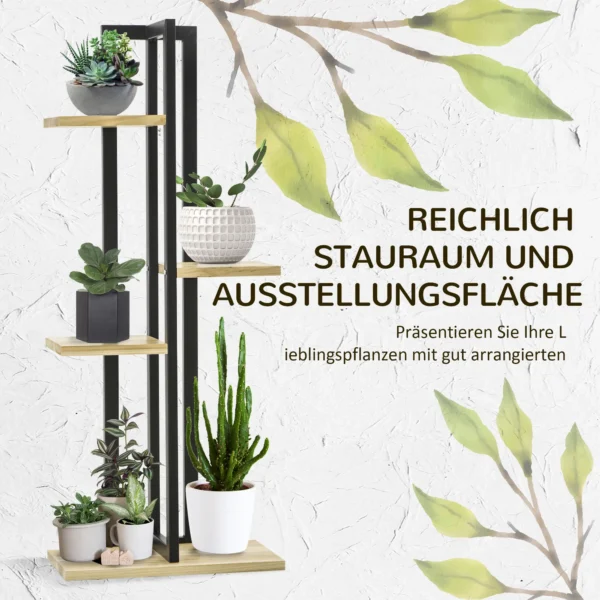 4 Etagen Pflanzenständer, Verstellbarer 110 Cm Hoch Blumenständer Für Innen Außen Holz Schwarz+Naturholz