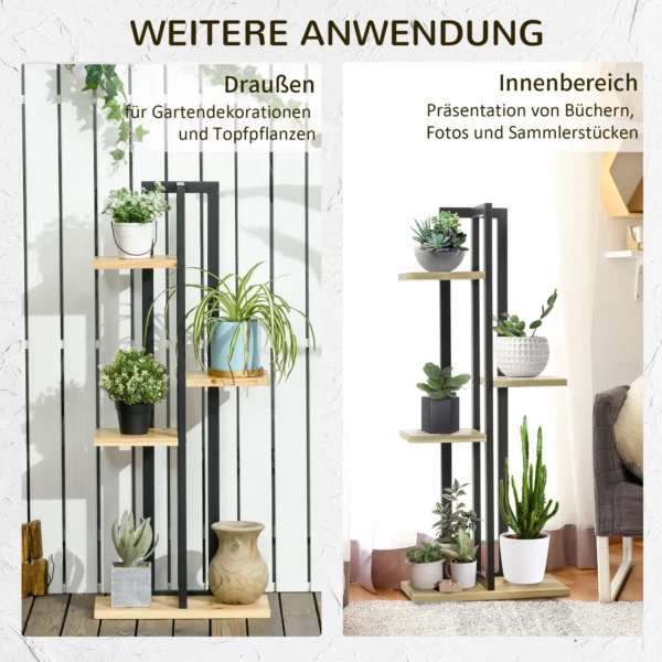 4 Etagen Pflanzenständer, Verstellbarer 110 Cm Hoch Blumenständer Für Innen Außen Holz Schwarz+Naturholz