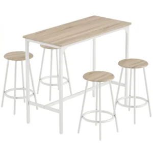 5 teiliges Bartisch Set Für 4 Personen, Industrieller Stehtisch Mit Hockern Für Küche & Esszimmer, Eiche