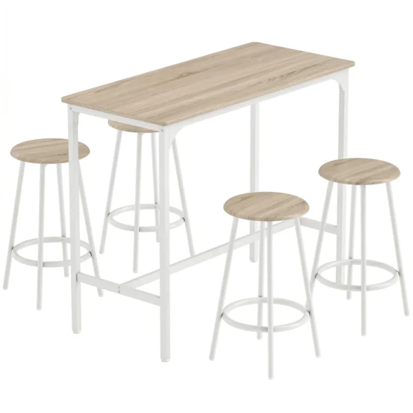 5 teiliges Bartisch Set Für 4 Personen, Industrieller Stehtisch Mit Hockern Für Küche & Esszimmer, Eiche