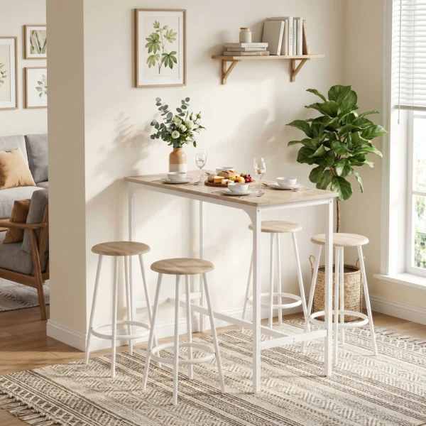 5 teiliges Bartisch Set Für 4 Personen, Industrieller Stehtisch Mit Hockern Für Küche & Esszimmer, Eiche