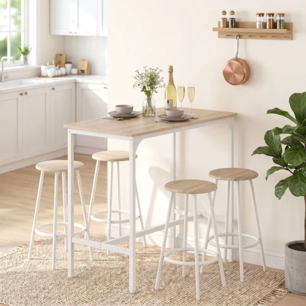 5 teiliges Bartisch Set Für 4 Personen, Industrieller Stehtisch Mit Hockern Für Küche & Esszimmer, Eiche