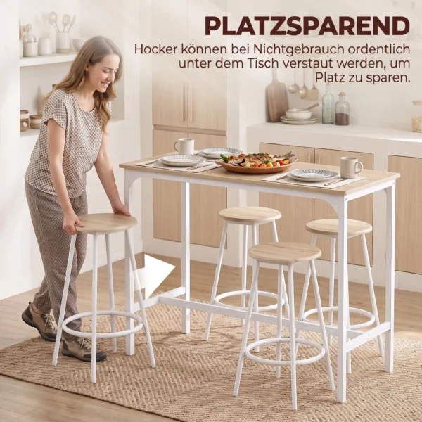 5 teiliges Bartisch Set Für 4 Personen, Industrieller Stehtisch Mit Hockern Für Küche & Esszimmer, Eiche