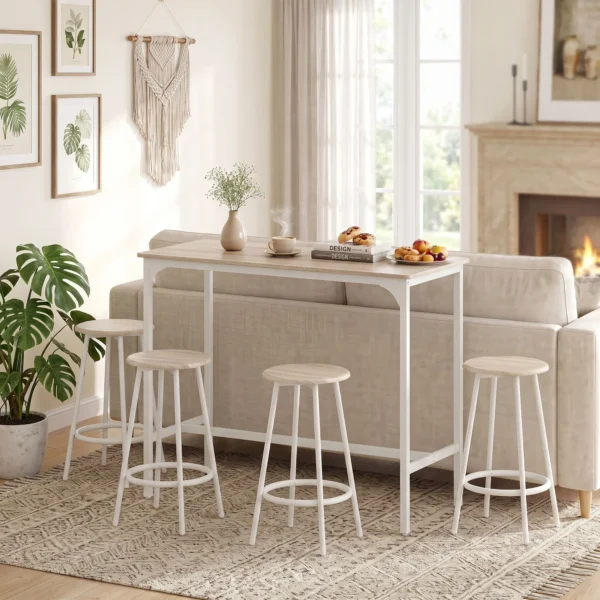 5 teiliges Bartisch Set Für 4 Personen, Industrieller Stehtisch Mit Hockern Für Küche & Esszimmer, Eiche