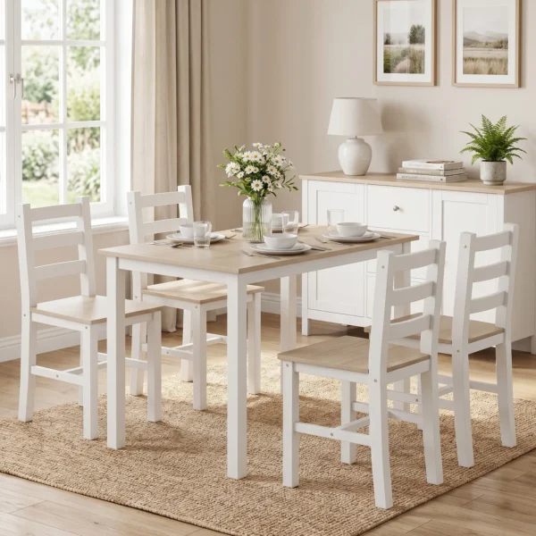 5 teiliges Essgruppe Für 4 Personen, Landhaus Esstisch Und Stühle Aus Massivholz, Natur/Weiß