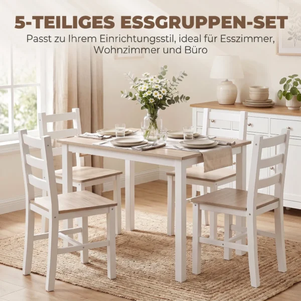 5 teiliges Essgruppe Für 4 Personen, Landhaus Esstisch Und Stühle Aus Massivholz, Natur/Weiß