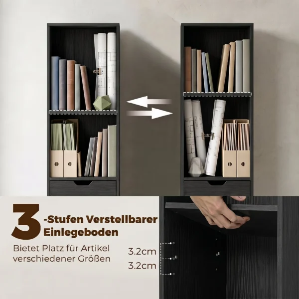 6 Fach Bücherregal Mit Schublade Und Verstellbarem Fach, Freistehender Aufbewahrungsschrank, 30 X 24 X 158 Cm, Schwarz