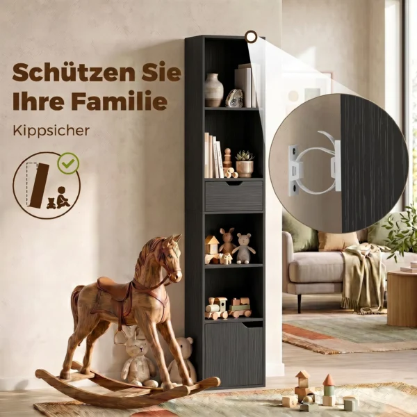 6 Fach Bücherregal Mit Schublade Und Verstellbarem Fach, Freistehender Aufbewahrungsschrank, 30 X 24 X 158 Cm, Schwarz