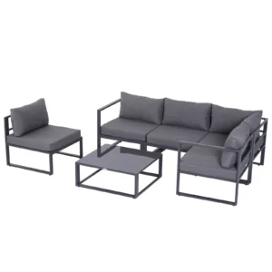 6 tlg. Gartengarnitur Gartenset Gartensofaset Sitzgruppe Gartenmöbel Alu+ Polyester + Hartglas Grau 4 X Sessel 1 X Ecksofa 1 X Beistelltisch Kissen Für 4–5 Personen