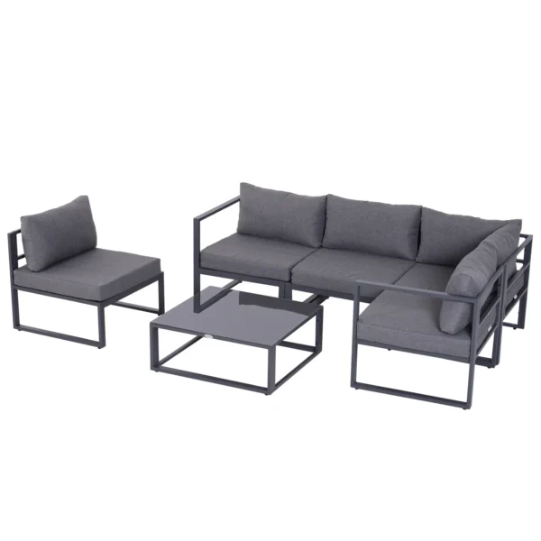 6 tlg. Gartengarnitur Gartenset Gartensofaset Sitzgruppe Gartenmöbel Alu+ Polyester + Hartglas Grau 4 X Sessel 1 X Ecksofa 1 X Beistelltisch Kissen Für 4–5 Personen