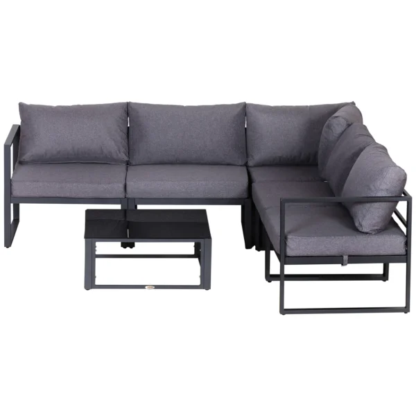 6 tlg. Gartengarnitur Gartenset Gartensofaset Sitzgruppe Gartenmöbel Alu+ Polyester + Hartglas Grau 4 X Sessel 1 X Ecksofa 1 X Beistelltisch Kissen Für 4–5 Personen