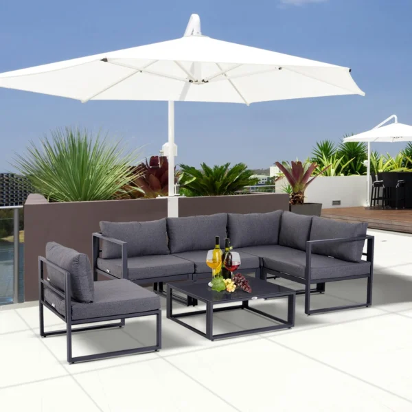 6 tlg. Gartengarnitur Gartenset Gartensofaset Sitzgruppe Gartenmöbel Alu+ Polyester + Hartglas Grau 4 X Sessel 1 X Ecksofa 1 X Beistelltisch Kissen Für 4–5 Personen