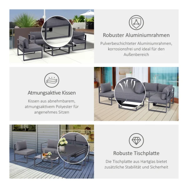 6 tlg. Gartengarnitur Gartenset Gartensofaset Sitzgruppe Gartenmöbel Alu+ Polyester + Hartglas Grau 4 X Sessel 1 X Ecksofa 1 X Beistelltisch Kissen Für 4–5 Personen