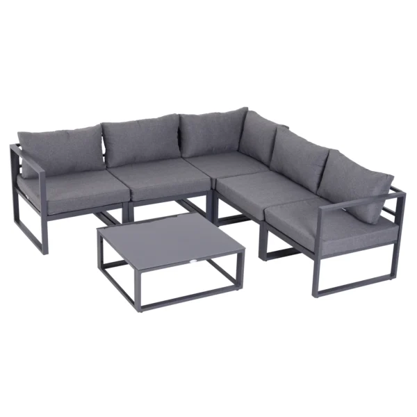 6 tlg. Gartengarnitur Gartenset Gartensofaset Sitzgruppe Gartenmöbel Alu+ Polyester + Hartglas Grau 4 X Sessel 1 X Ecksofa 1 X Beistelltisch Kissen Für 4–5 Personen