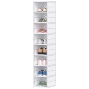 8 stufiges Schuhregal, Schuhschrank, Faltbar, Belüftete Rückseite, Kunststoff, Weiß