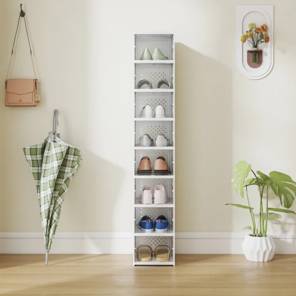 8 stufiges Schuhregal, Schuhschrank, Faltbar, Belüftete Rückseite, Kunststoff, Weiß