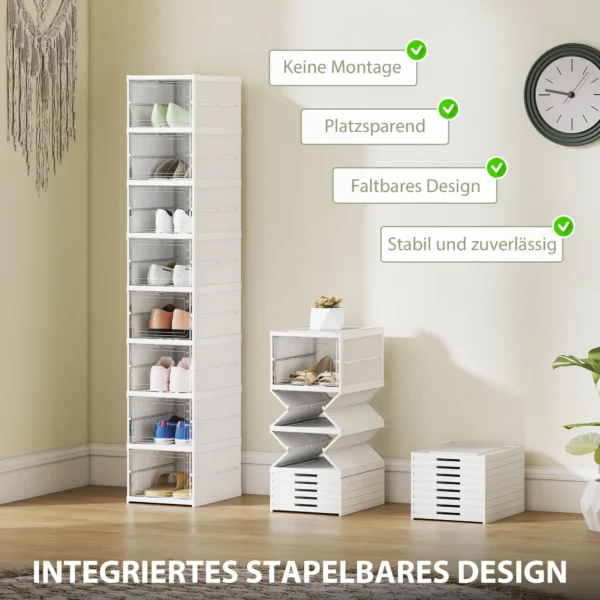 8 stufiges Schuhregal, Schuhschrank, Faltbar, Belüftete Rückseite, Kunststoff, Weiß