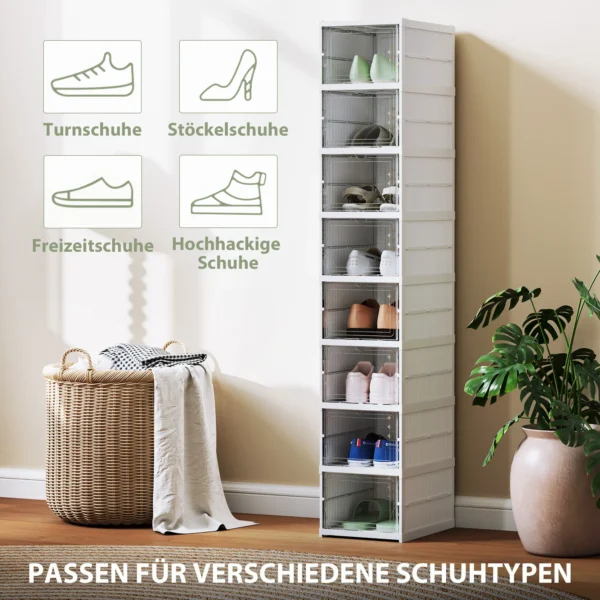 8 stufiges Schuhregal, Schuhschrank, Faltbar, Belüftete Rückseite, Kunststoff, Weiß