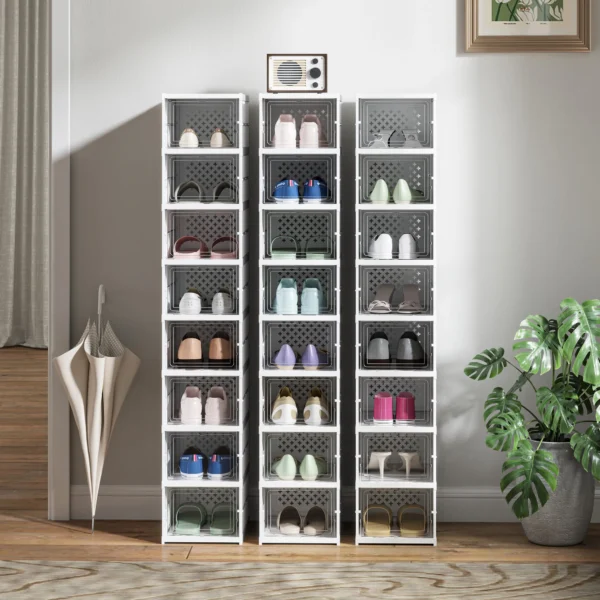 8 stufiges Schuhregal, Schuhschrank, Faltbar, Belüftete Rückseite, Kunststoff, Weiß