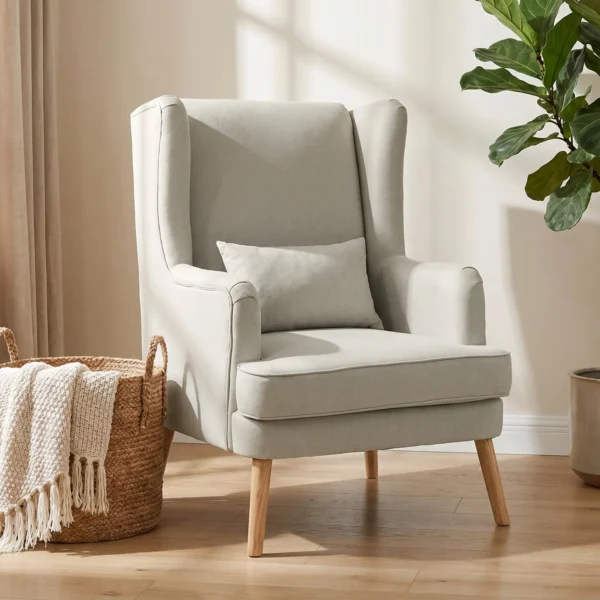 Akzentstuhl, Sessel Mit Leinen Optik, Hoher Rückenlehne, Breitem Sitz, Lendenkissen, Beige