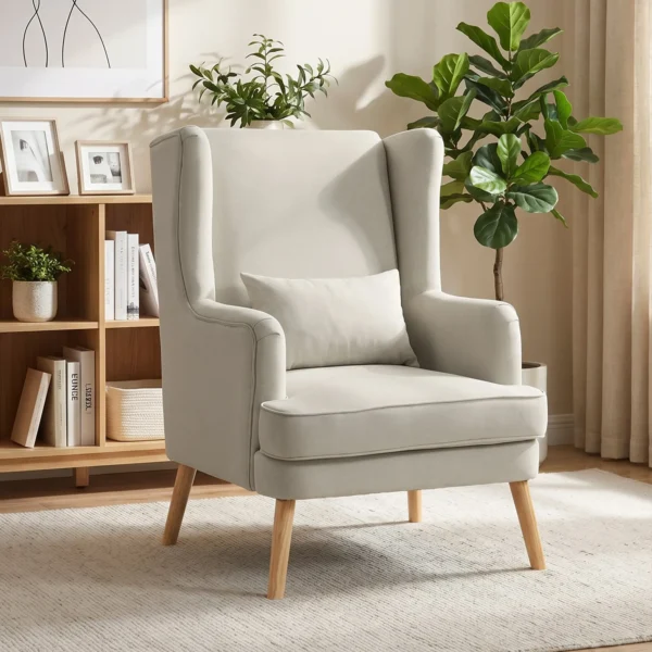 Akzentstuhl, Sessel Mit Leinen Optik, Hoher Rückenlehne, Breitem Sitz, Lendenkissen, Beige