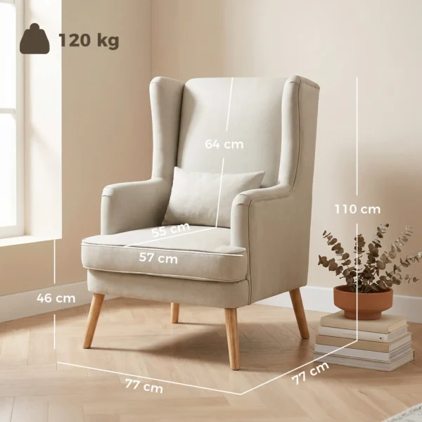 Akzentstuhl, Sessel Mit Leinen Optik, Hoher Rückenlehne, Breitem Sitz, Lendenkissen, Beige
