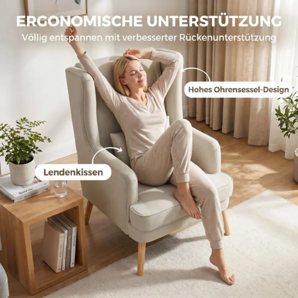 Akzentstuhl, Sessel Mit Leinen Optik, Hoher Rückenlehne, Breitem Sitz, Lendenkissen, Beige