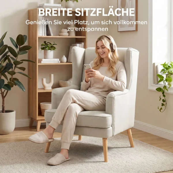 Akzentstuhl, Sessel Mit Leinen Optik, Hoher Rückenlehne, Breitem Sitz, Lendenkissen, Beige