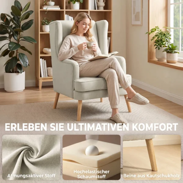 Akzentstuhl, Sessel Mit Leinen Optik, Hoher Rückenlehne, Breitem Sitz, Lendenkissen, Beige
