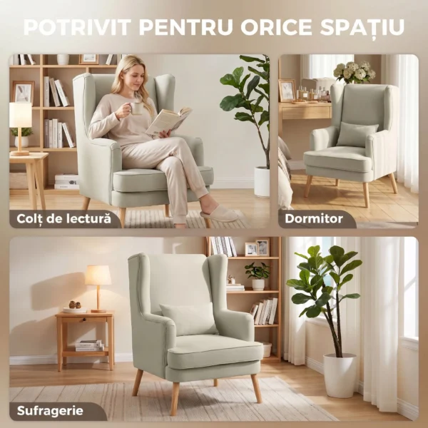 Akzentstuhl, Sessel Mit Leinen Optik, Hoher Rückenlehne, Breitem Sitz, Lendenkissen, Beige