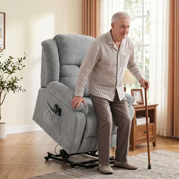 Aufstehsessel Mit Massagefunktion Und Lendenheizung, Recliner Sessel Mit Fernbedienungen Und Seitentaschen, Hellgrau