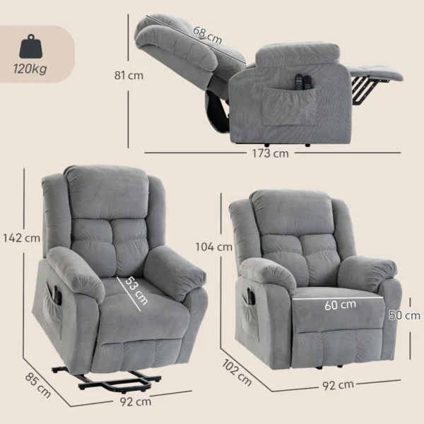 Aufstehsessel Mit Massagefunktion Und Lendenheizung, Recliner Sessel Mit Fernbedienungen Und Seitentaschen, Hellgrau