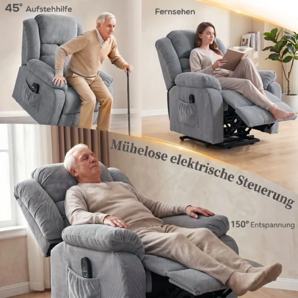 Aufstehsessel Mit Massagefunktion Und Lendenheizung, Recliner Sessel Mit Fernbedienungen Und Seitentaschen, Hellgrau