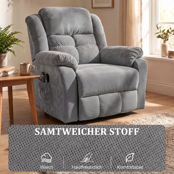 Aufstehsessel Mit Massagefunktion Und Lendenheizung, Recliner Sessel Mit Fernbedienungen Und Seitentaschen, Hellgrau
