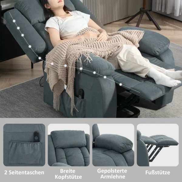 Aufstehsessel Mit Weichem Bezug, Recliner Sessel Mit Fernbedienung Und Seitentaschen, Grau