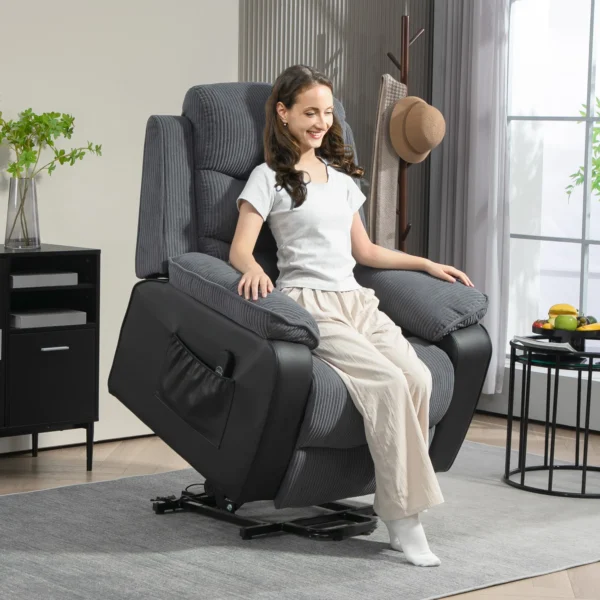 Aufstehsessel Mit Weichem Cordbezug, Recliner Sessel Mit Fernbedienung Und Seitentaschen, Dunkelgrau