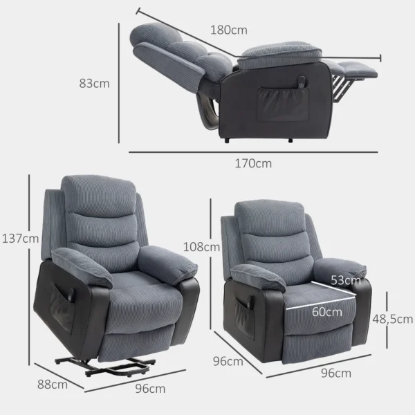 Aufstehsessel Mit Weichem Cordbezug, Recliner Sessel Mit Fernbedienung Und Seitentaschen, Dunkelgrau